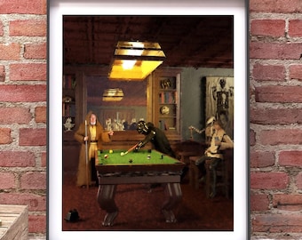 Lámina artística de Darth Vader jugando al billar, arte de Darth Vader en la piscina de las Parcas, decoración de oficina para hombres, regalo divertido para el jefe, arte para la sala de juegos, decoración de la cueva del hombre