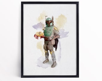 Lámina artística de Boba Fett hornea un pastel: divertida decoración de cocina de Star Wars
