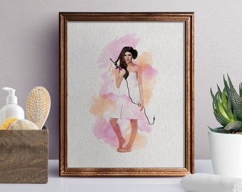 Divertido arte para el baño: la princesa Leia se riza el pelo. Decoración de pared para el baño de niñas. Divertida decoración para el baño infantil para fans de Star Wars.