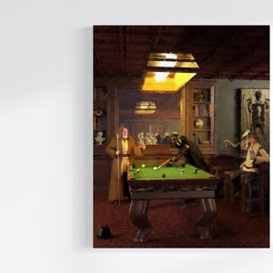 May include: A painting of three figures playing pool in a dimly lit room. The figures are dressed in costumes, and one is holding a lightsaber. The pool table is green with a brown felt surface. The room has a wooden floor and walls, and there are bookshelves and other furniture in the background.
