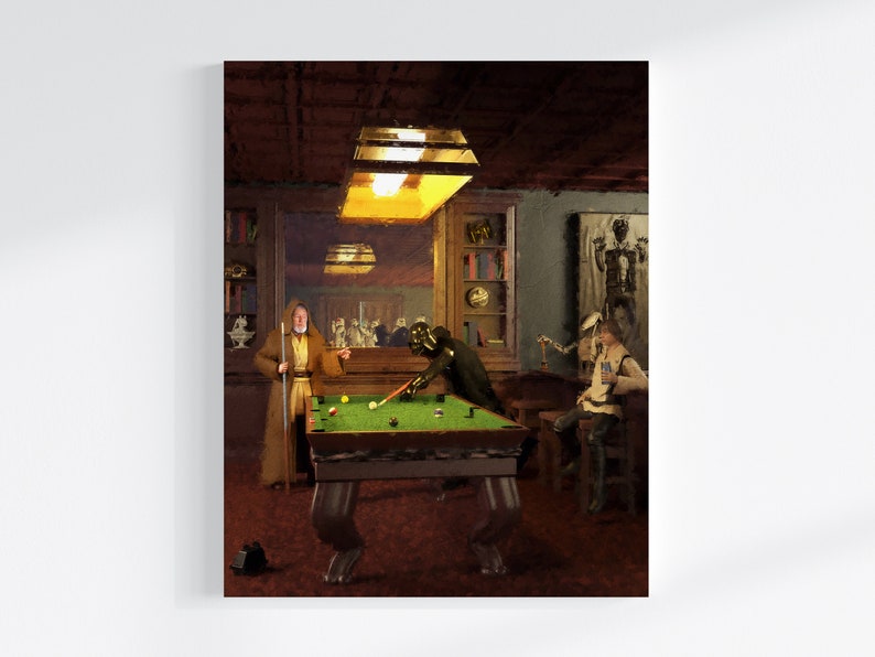 May include: A painting of three figures playing pool in a dimly lit room. The figures are dressed in costumes, and one is holding a lightsaber. The pool table is green with a brown felt surface. The room has a wooden floor and walls, and there are bookshelves and other furniture in the background.