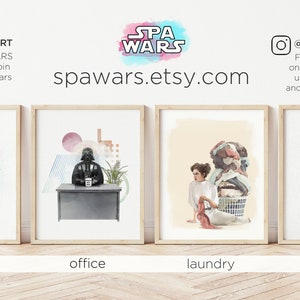 May include: Four framed watercolor illustrations of Star Wars characters in different rooms of a house. Darth Vader is in an office, Princess Leia is in a laundry room, Boba Fett is in a kitchen, and C-3PO and R2-D2 are in a bathroom. The illustrations are part of a series called "Spa Wars" and are available for purchase on Etsy.