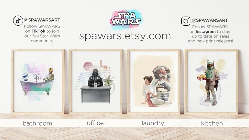 May include: Four framed watercolor illustrations of Star Wars characters in different rooms of a house. Darth Vader is in an office, Princess Leia is in a laundry room, Boba Fett is in a kitchen, and C-3PO and R2-D2 are in a bathroom. The illustrations are part of a series called "Spa Wars" and are available for purchase on Etsy.
