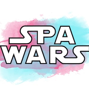May include: A watercolor background in shades of pink and blue with the text "SPA WARS" in white with black outlines.