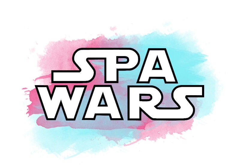 May include: A watercolor background in shades of pink and blue with the text "SPA WARS" in white with black outlines.