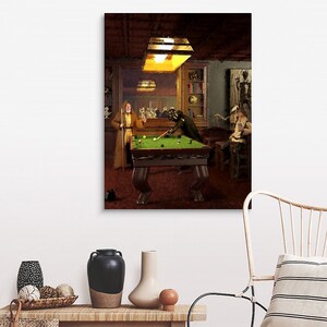 May include: A painting of a pool table with three figures playing pool. The figures are dressed in costumes, including a brown robe, a black suit, and a white shirt. The pool table is green with white balls and a brown felt surface. The room is dimly lit with a brown wooden floor and walls.