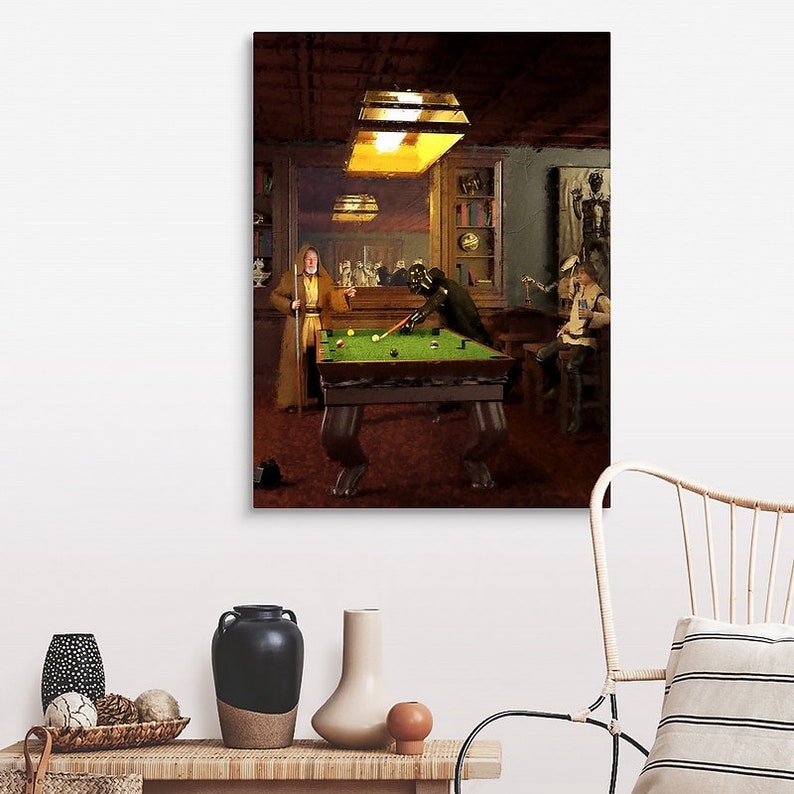 May include: A painting of a pool table with three figures playing pool. The figures are dressed in costumes, including a brown robe, a black suit, and a white shirt. The pool table is green with white balls and a brown felt surface. The room is dimly lit with a brown wooden floor and walls.