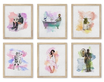 Láminas artísticas de baño de Star Wars: divertido juego de 6 decoraciones de acuarela