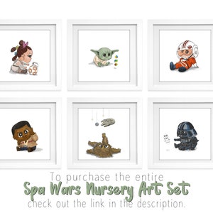 May include: Set of six framed prints featuring characters from Star Wars as babies. The prints are in white frames with white mats and feature illustrations of Baby Yoda, Baby Leia, Baby Luke, Baby Chewbacca, Baby Han Solo, and Baby Darth Vader.