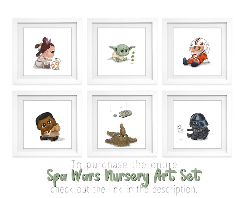 May include: Set of six framed prints featuring characters from Star Wars as babies. The prints are in white frames with white mats and feature illustrations of Baby Yoda, Baby Leia, Baby Luke, Baby Chewbacca, Baby Han Solo, and Baby Darth Vader.