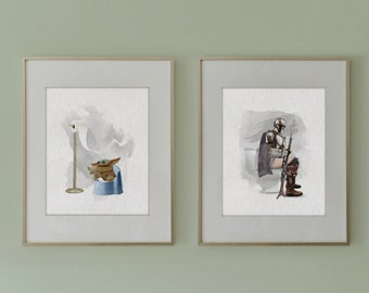 Juego de 2 impresiones divertidas para el baño, arte mandaloriano para el baño, decoración para el baño infantil, arte divertido para el baño