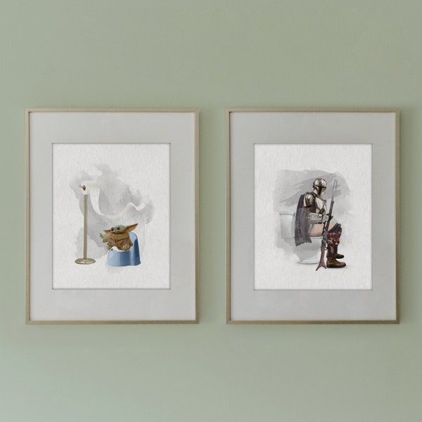 Funny Bathroom Print Set of 2, Mandalorian Bathroom Art, Kids Bathroom Decor, Funny Bathroom Art