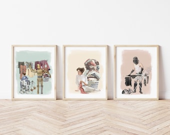 Láminas artísticas de lavandería de Star Wars, juego de 3: Hierro contraataca, decoración para el lavadero, arte único, divertido y peculiar para el lavadero.