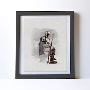 May include: A watercolor illustration of a Mandalorian character sitting on a toilet with a rifle in hand.