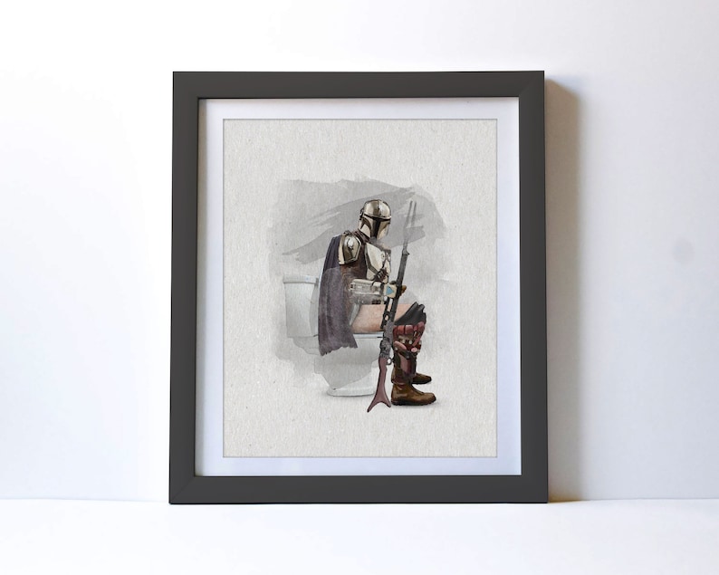 May include: A watercolor illustration of a Mandalorian character sitting on a toilet with a rifle in hand.