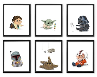 Láminas artísticas de Star Wars para habitación de bebé: láminas de personajes dibujadas a mano
