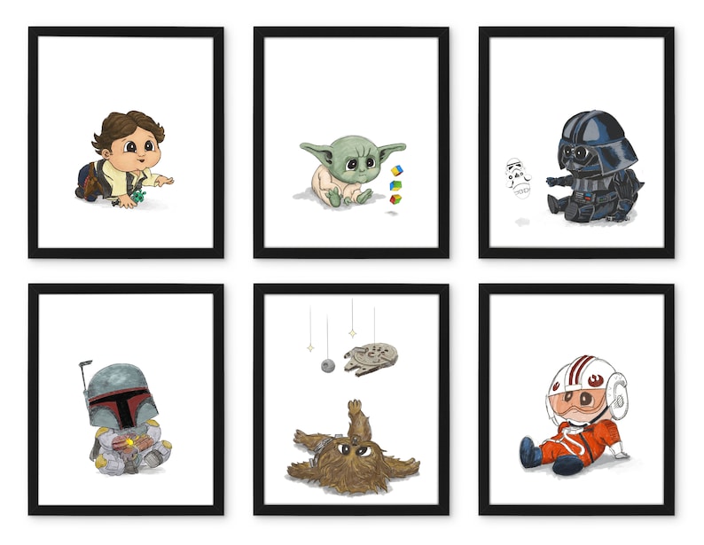 May include: Six framed art prints featuring baby versions of Star Wars characters. The prints include Han Solo, Yoda, Darth Vader, Boba Fett, Chewbacca, and an X-wing pilot. Each character is depicted in a cute, cartoon style with a white background.
