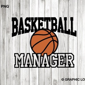 May include: Black and white graphic design with the text "Basketball Manager" and a basketball in the center.