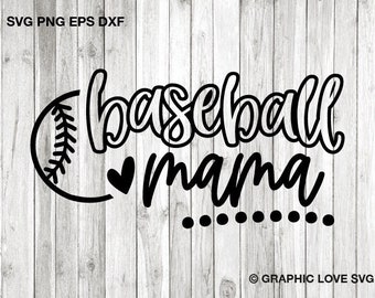 Könnte beinhalten: Schwarzweißes Grafikdesign mit einem Baseball und dem Text "baseball mama" mit einem Herzen und einer Reihe von Punkten.