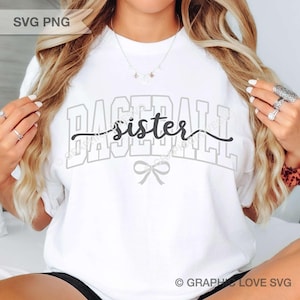 Hermana de béisbol SVG PNG, archivo de sublimación de camiseta de béisbol universitaria con lazo elegante y bonito, negro y blanco