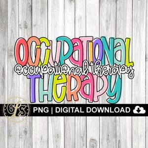 Puede incluir: Gr&aacute;fico de texto colorido que dice "Occupational Therapy" con la palabra "Occupational" en un arco&iacute;ris de colores y la palabra "Therapy" en rosa, amarillo, azul y morado.