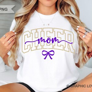Cheer Mom Svg Png Purple Bow Dtf file, Glitter Purple Gold, Glitter Purple Silver, Cheerleader Mom, Cheer Mom Shirt Iron On Png (4 Color Glitter/Plain Files Included)