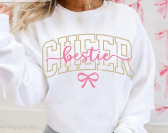 Cheer Bestie Svg Png Bow Best Friends Cheerleader Coquette Pink Gold, Cheer Bestie Shirt Iron On Png, Cheer Bestie Sublimation, White, Black