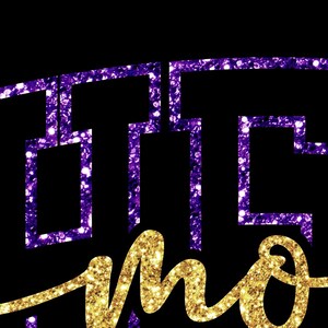 May include: Black background with purple glitter geometric shapes and gold glitter cursive text that reads "Mom". The design is suitable for apparel, accessories, or home decor.