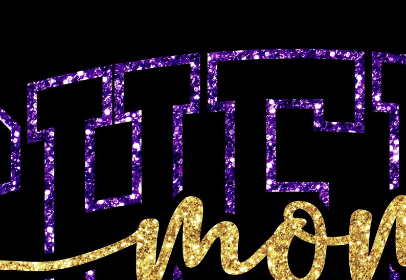 May include: Black background with purple glitter geometric shapes and gold glitter cursive text that reads "Mom". The design is suitable for apparel, accessories, or home decor.
