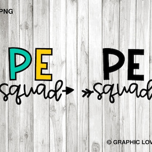 Puede incluir: Dos diseños para un gráfico de "PE Squad". El primer diseño presenta las letras "PE" en turquesa y amarillo con una flecha negra apuntando hacia la derecha. El segundo diseño presenta las letras "PE" en negro con una flecha negra apuntando hacia la derecha. Ambos diseños presentan la palabra "Squad" en cursiva negra.