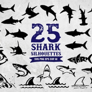 25 Shark Silhouettes SVG, shark svg Clip Art Bundle, shark DXF Cut Files, Clipart Shapes, shark head, boy shark, cutting, Cricut, Cameo