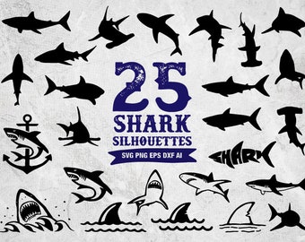 25 silhouettes de requin Svg, requin Bundle Clip Art, requin fichiers DXF coupés, formes de clipart, tête de requin, garçon requin, découpe, Cricut, camée
