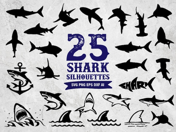 25 Shark Silhouettes Svg, Shark Bundle Svg Clip Art, Shark DXF Cut Files, Clipart Shapes, Shark Head, Boy Shark, cutting, Cricut, Cameo