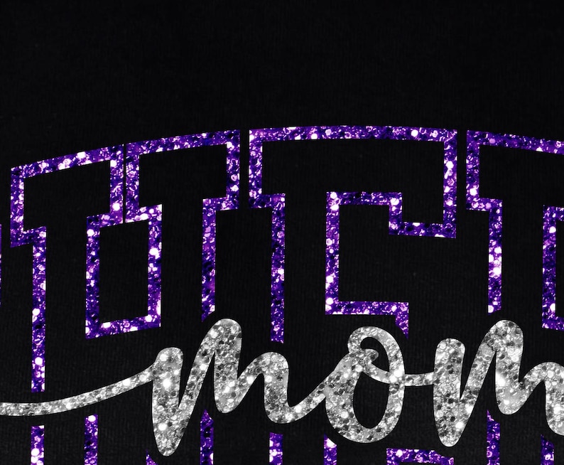 May include: Black background with the word "mom" in silver glitter script. Above the word "mom" is a purple glitter design. The design is a series of connected geometric shapes.