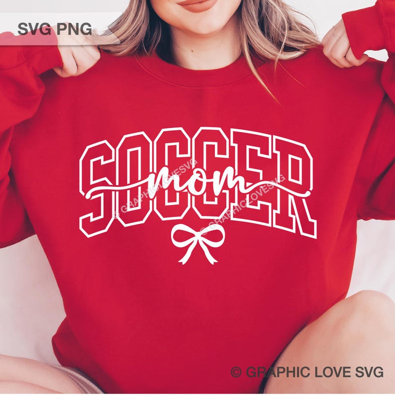 Soccer Mom Svg Png Dtf file, Varsity Cute Chic Sublimation Red Glitter Black White Bow