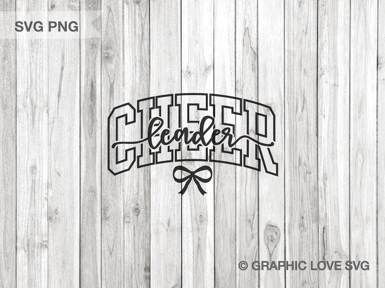 May include: Black and white SVG and PNG graphic design with the words "CHEER" above "leader" in a script font, and a bow below. The design is on a light gray and white wood grain background.