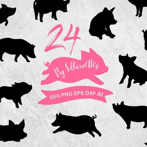 May include: A set of 24 black pig silhouettes in various poses. The silhouettes are arranged in a random pattern on a white background. The text "24 Pig Silhouettes" is written in pink with a white outline. Below the text is a pink banner with the text "SVG PNG EPS DXF AI".