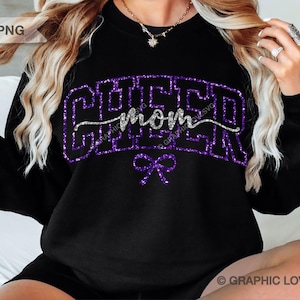 Cheer Mom Svg Png Purple Bow Dtf file, Glitter Purple Gold, Glitter Purple Silver, Cheerleader Mom, Cheer Mom Shirt Iron On Png (4 Color Glitter/Plain Files Included)