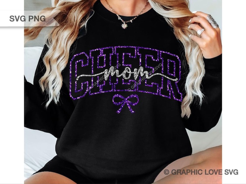 Cheer Mom Svg Png Purple Bow Dtf file, Glitter Purple Gold, Glitter Purple Silver, Cheerleader Mom, Cheer Mom Shirt Iron On Png (4 Color Glitter/Plain Files Included)