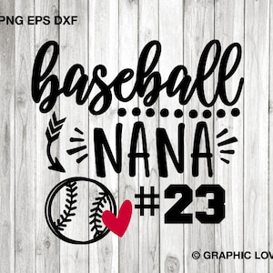 Peut inclure: Graphique noir et blanc sur le thème du baseball avec le texte "baseball nana #23" et un cœur rouge. Le graphique comprend un ballon de baseball et une flèche stylisée.