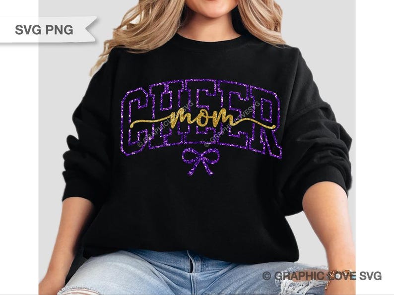 Cheer Mom Svg Png Purple Bow Dtf file, Glitter Purple Gold, Glitter Purple Silver, Cheerleader Mom, Cheer Mom Shirt Iron On Png (4 Color Glitter/Plain Files Included)