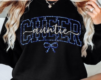 Cheer Auntie Svg Png Blue Glitter, Pink Gold Bow Coquette Cheerleader Auntie Png, Cheer Auntie Shirt Iron On Png, Cheer Auntie Sublimation