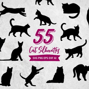 55 sagome di gatti SVG, pacchetto di clip art di forme di gatti, file di taglio DXF di gatti, forme clipart di gatti, file di taglio di gatti per Cricut, cameo, vettore PNG