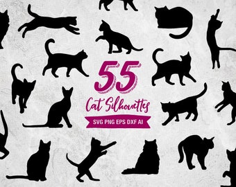 55 Cat Silhouettes SVG, Cat Shapes Clip Art Bundle, Cat DXF Cut Files, Cat Clipart Shapes, Cats cutting files for Cricut, Cameo, PNG Vector