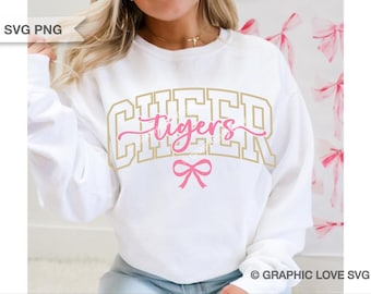 Tigers Cheer Svg Png Bow Coquette, Pink Gold, Tigers Cheer Iron On Png, Tigers Cheer Sublimation