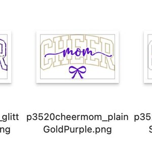 May include: A collection of digital designs featuring the word "CHEER" above "mom" in various styles. Each design includes a bow and is in gold, silver, or purple. The designs are for cheerleading or mother-related crafts.