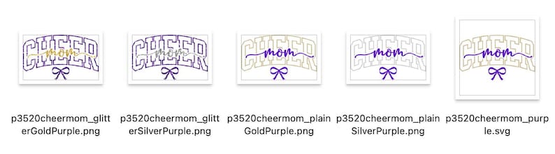 May include: A collection of digital designs featuring the word "CHEER" above "mom" in various styles. Each design includes a bow and is in gold, silver, or purple. The designs are for cheerleading or mother-related crafts.