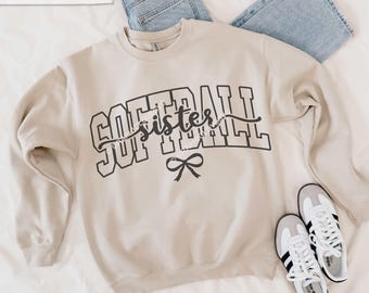 Archivos SVG PNG de Softball Sister, lindos y elegantes para sublimación de camisetas de softbol con lazo, negro, blanco, marrón, rosa