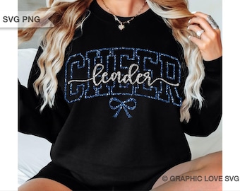 Cheer Svg Png Cheerleader Blue Silver, Cheerleading Glitter Bow Coquette Sublimation Download
