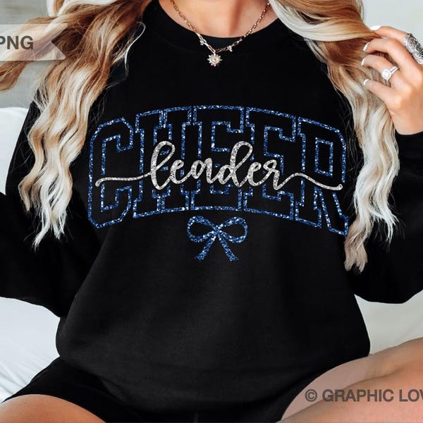 Cheer Svg Png Cheerleader Blue Silver, Cheerleading Glitter Bow Coquette Sublimation Download